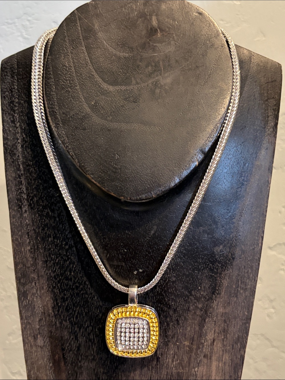 NEW Gold and Silver Pavé Square Pendant Necklace - Women Jewelry